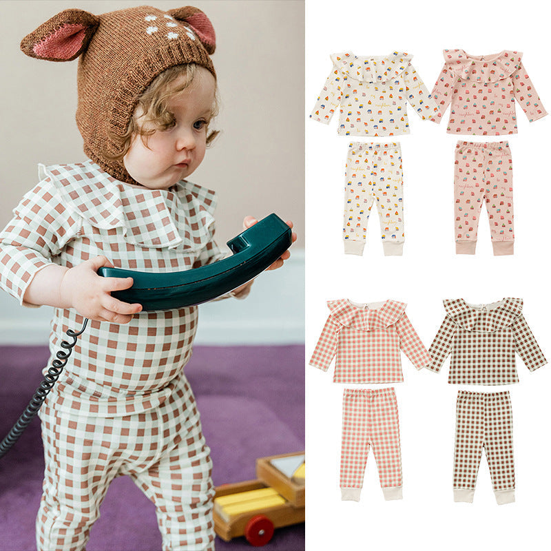 Baby Cartoon & Plaid Pattern Ruffle Neck Design Long Sleeve Sets-0