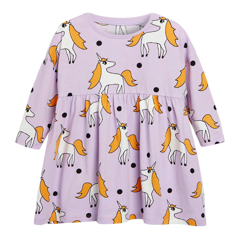 Baby Girl Unicorn Pattern Long Sleeves New Style Dress In Autumn Wearing Outfits