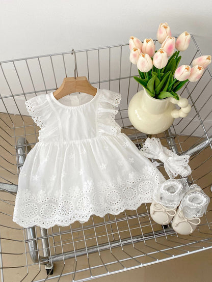 New Design Summer Girls Floral Embroidered Hollow Out Short Sleeves Onesies Dress