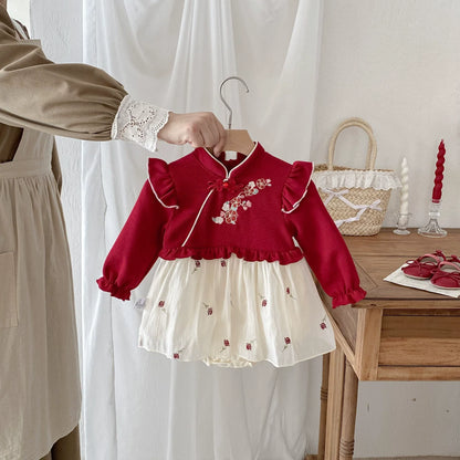 Autumn Arrival Baby Girls Long Sleeves Flowers Embroidered Pattern Color Patchwork Onesies