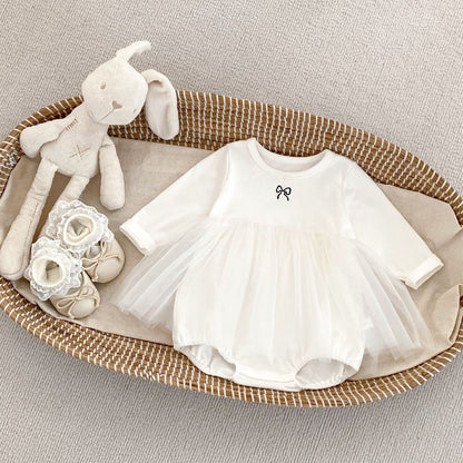 Spring Arrival Baby Girls Long Sleeves Crew Neck Onesies Bodysuits Tulle Patchwork Dress-0