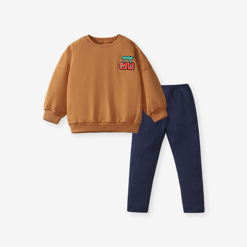 Spring And Autumn Girls Simple Cartoon Cherry Pattern Top Sweatshirt And Solid Color Pants Clothing Set-0