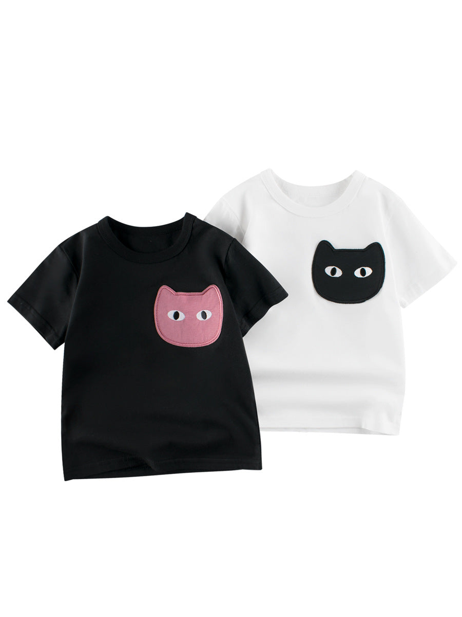 Cat Face Cartoon Pattern Girls T-Shirt In European And American Style For Summer