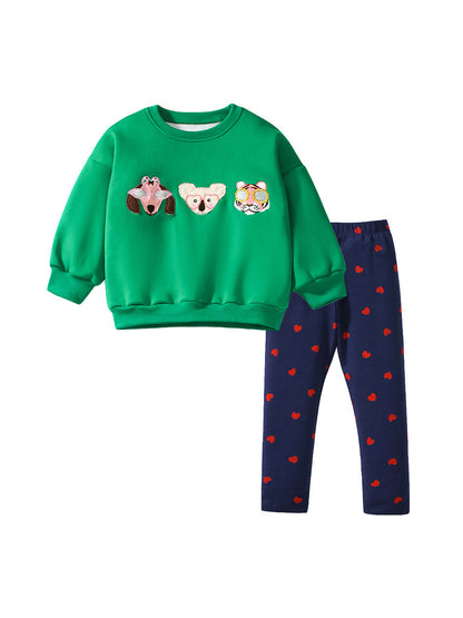 Spring And Autumn Girls Cartoon Animals Pattern Green Long Sleeves Top Sweatshirt And Heart Pattern Pants Clothing Set