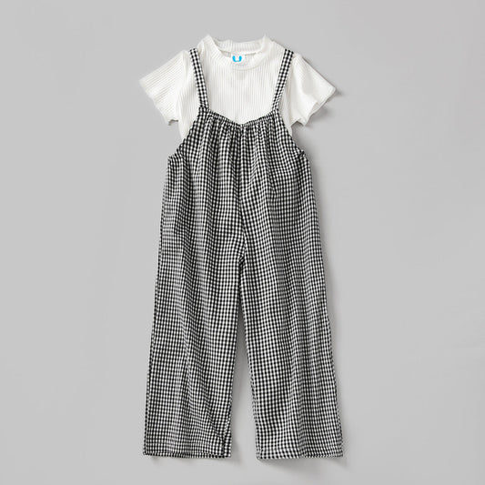 Baby Girl Solid Color Tops Combo Plaid Pattern Overalls 2-Pieces Sets-0