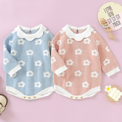 Baby Girl Floral Pattern Big Ruffle Collar Knit Cute Onesies