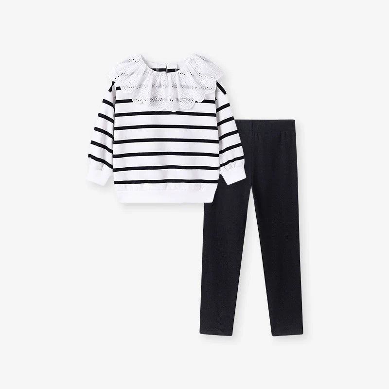 Spring and Autumn Girls Striped Pattern Long Sleeves Sweatshirt and Black Pants Clothing Set