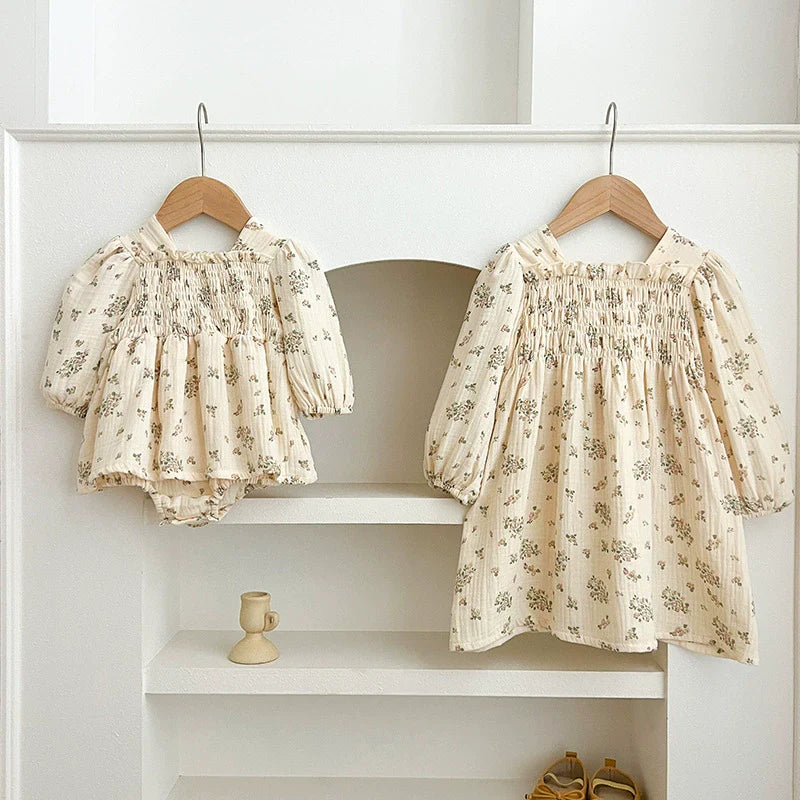 Autumn Baby Girls Flowers Pattern Long-sleeved Square Neck Onesies and Dress – Princess Sister Matching Set
