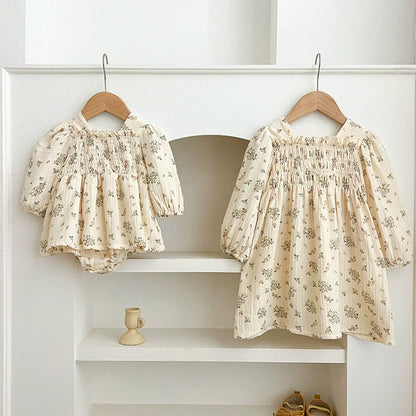 Autumn Baby Girls Flowers Pattern Long-sleeved Square Neck Onesies and Dress – Princess Sister Matching Set