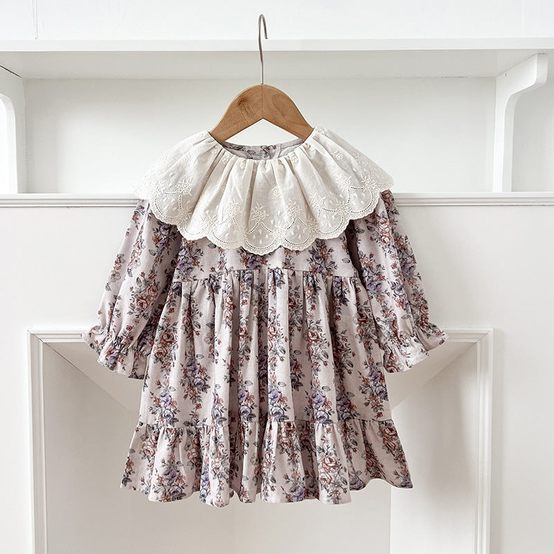 Spring Baby Girls French-style Floral Printed Long-sleeved Onesies and Dress – Princess Sister Matching Set-5