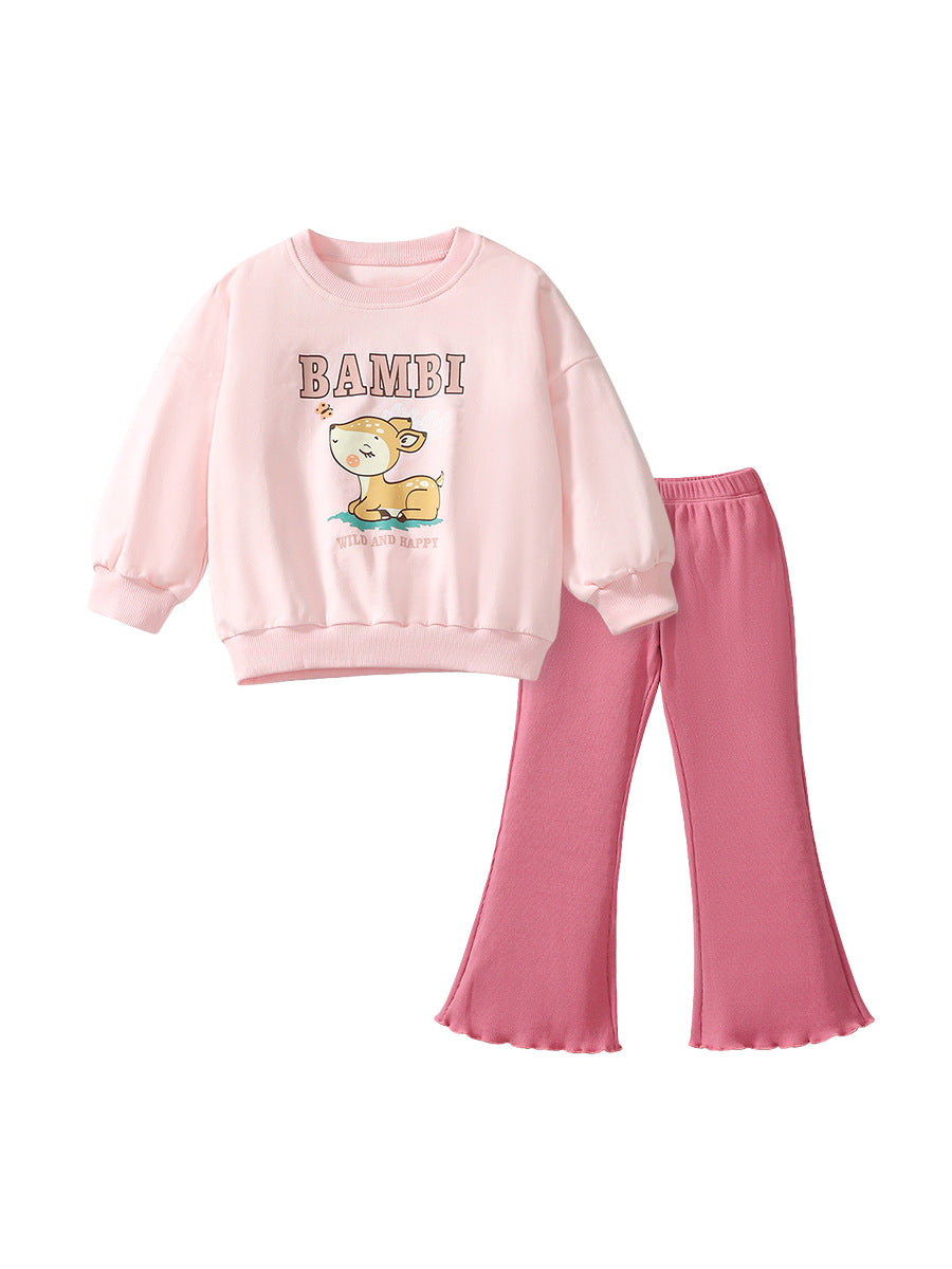 Spring And Autumn Girls Cute Cartoon Little Bambi Print Top Sweatshirt And Solid Color Pants