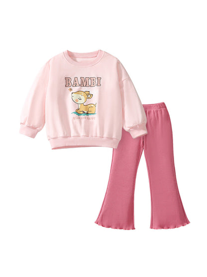 Spring And Autumn Girls Cute Cartoon Little Bambi Print Top Sweatshirt And Solid Color Pants