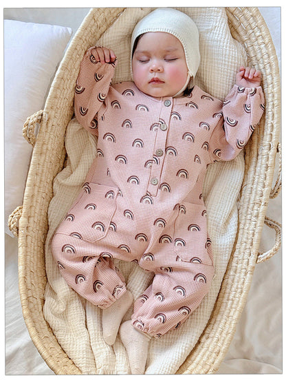 Spring Arrival Baby Unisex Long Sleeves Waffle Grid and Simple Pattern Rompers