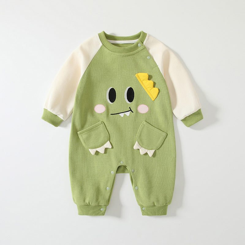 Spring Arrival Baby Cartoon Dragon Pattern Color Patchwork Romper