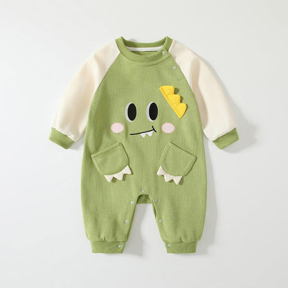 Spring Arrival Baby Cartoon Dragon Pattern Color Patchwork Romper