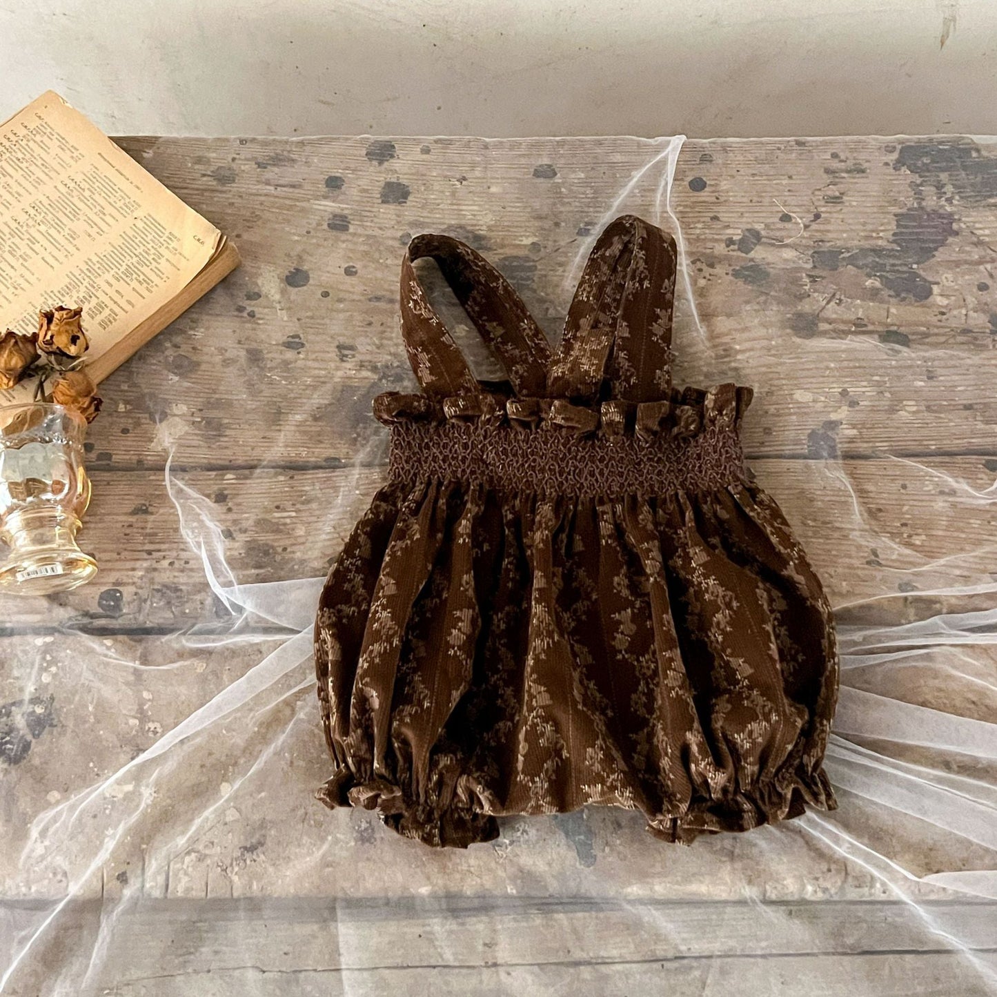 Arrival Autumn Baby Girls Vine Print Bow-Tied Long Sleeves Top And Vintage Strap Overalls Clothing Set-6