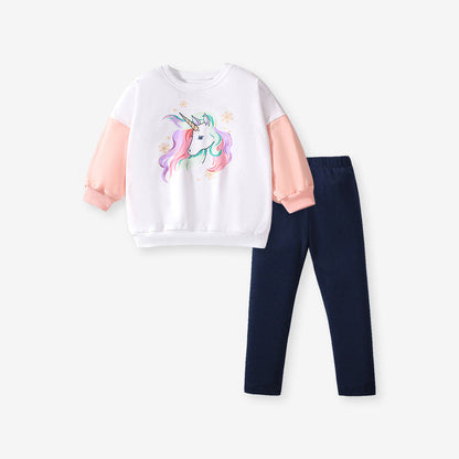 Spring And Autumn Girls Cartoon Unicorn Pattern Long Sleeves Crew Neck Top Sweatshirt And Pants Clothing Set