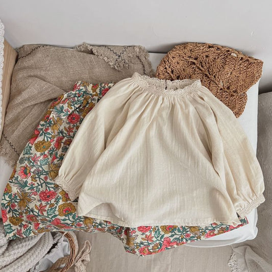 Baby Girls Solid Color Lace Patchwork Design O-Neck Long-Sleeved Tops