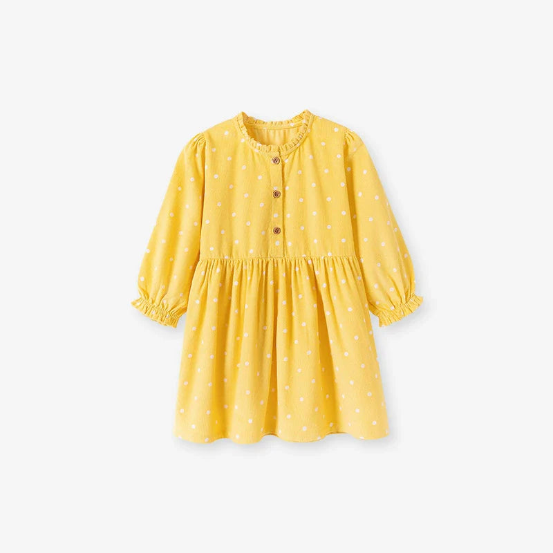Autumn and Spring Arrival Princess Dots Pattern Long Sleeves Corduroy Dress for Stylish Girls