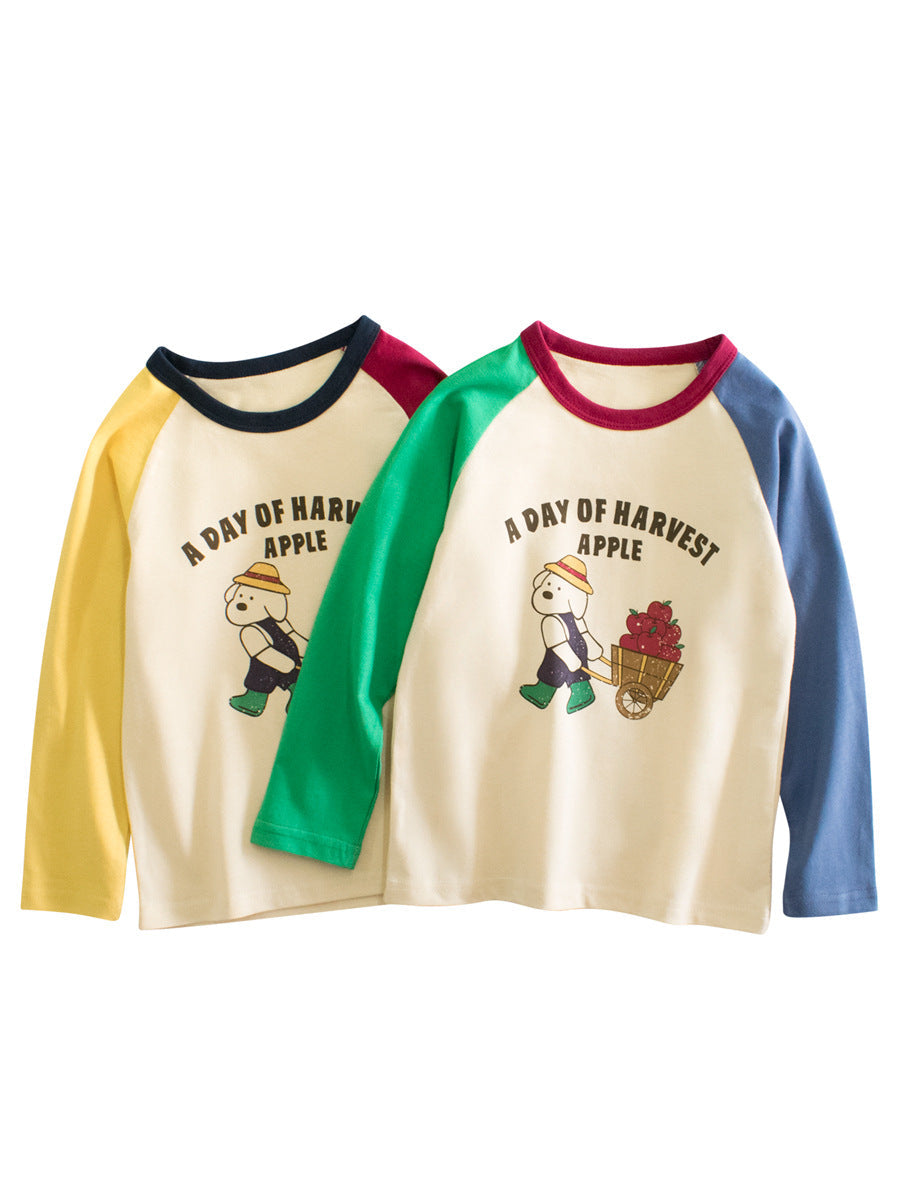 Arrival Kids Girls Cartoon Print Crew Neck Long Sleeves Color Patchwork Top-0