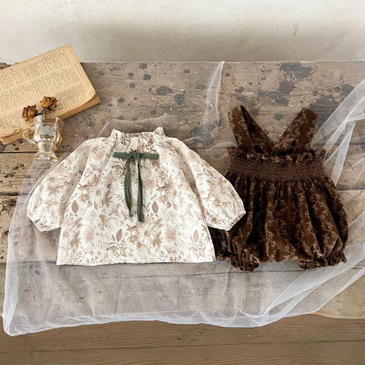 Arrival Autumn Baby Girls Vine Print Bow-Tied Long Sleeves Top And Vintage Strap Overalls Clothing Set-0
