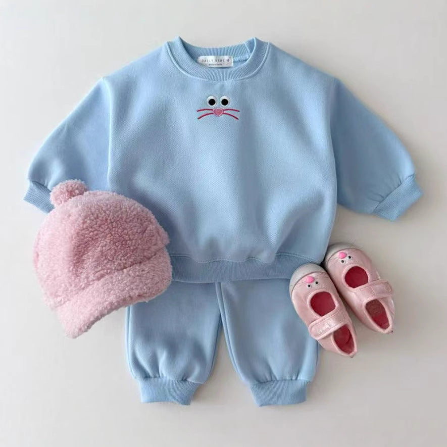 Autumn Baby Kids Unisex Casual Cartoon Face Embroidered Pattern Long Sleeves Top Pullover and Pants Clothing Set