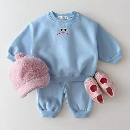 Autumn Baby Kids Unisex Casual Cartoon Face Embroidered Pattern Long Sleeves Top Pullover and Pants Clothing Set