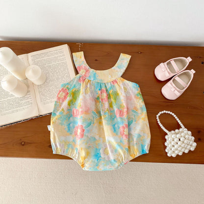 Baby Girls Colorful Floral Design Strap Sleeveless Thin Onesies