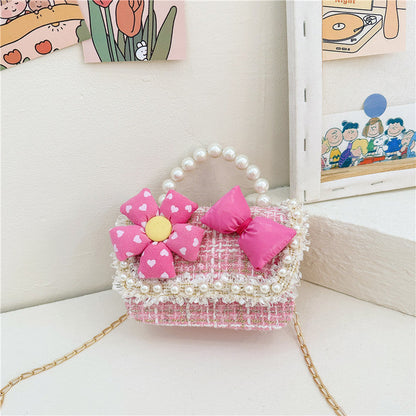 Fashionable And Versatile Carry-On Girls’ Portable 3D Flower And Bow Canvas Crossbody Handbag