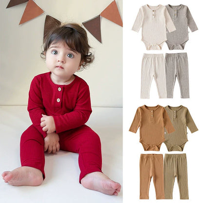 Autumn Arrival Baby Unisex Long Sleeves Casual Plain Crew Neck Onesies and Pants Clothing Sets