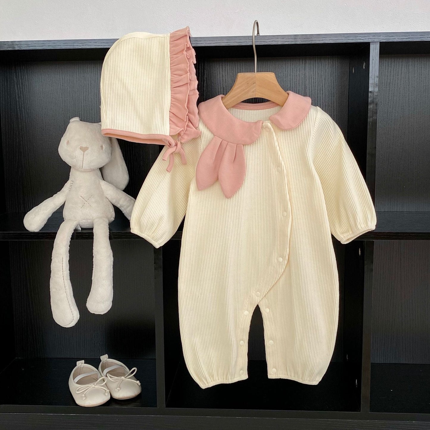Baby Toddler Girl Rabbit Ears Lapel Long Sleeve With Hat Jumpsuit In Autumn