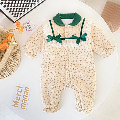 Baby Girl Flower Print Mesh Patchwork Fleece Thickened Romper