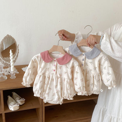 Autumn Arrival Baby Girls Long Sleeves Flowers Pattern Peter Pan Collar Onesies