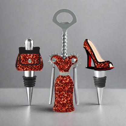 Red and Gold Corkscrew and Wine Stopper Set