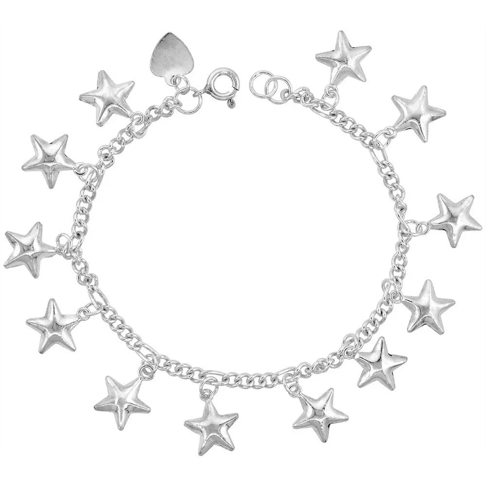 925 Sterling Silver Anklet with Dangling Stars 15mm, Fits 9" to 10" Ankles