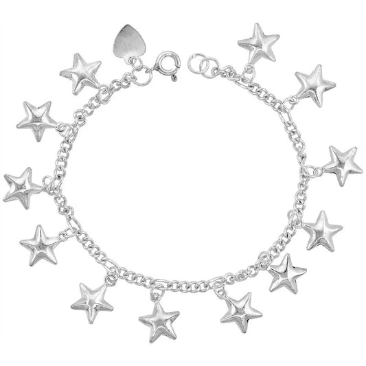 925 Sterling Silver Anklet with Dangling Stars 15mm, Fits 9" to 10" Ankles