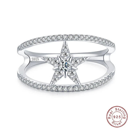 European Double layered Lines Star CZ S925 Sterling Silver Finger Ring For Women