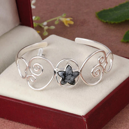 Designer Authentic Heart Silver Cuff Bangle With Star Shape Snowflake Obsidian