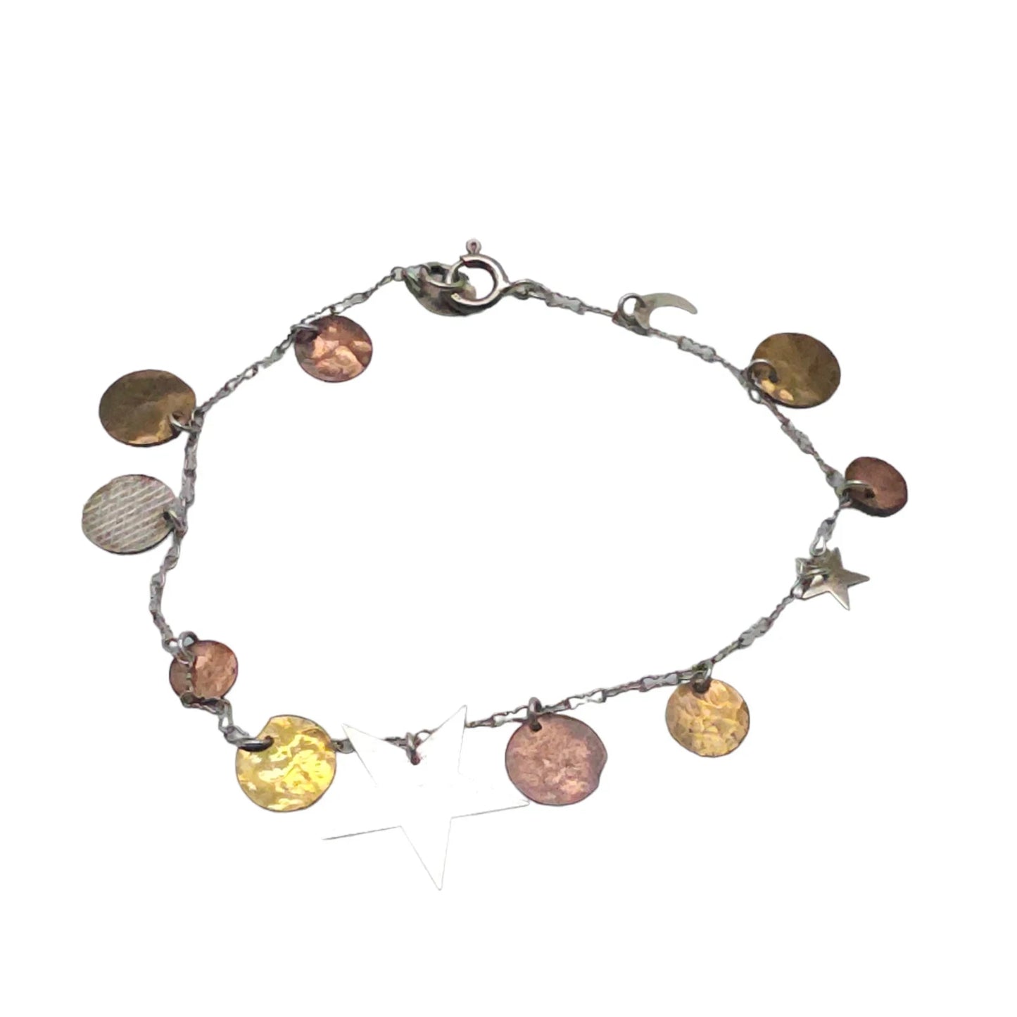 925 Sterling Silver Hammered Disc Star Moon Charms Ankle Bracelet Vintage