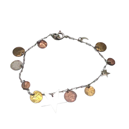 925 Sterling Silver Hammered Disc Star Moon Charms Ankle Bracelet Vintage