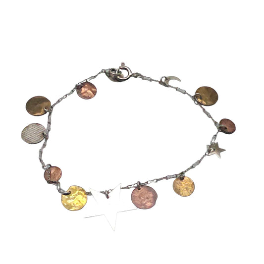 925 Sterling Silver Hammered Disc Star Moon Charms Ankle Bracelet Vintage