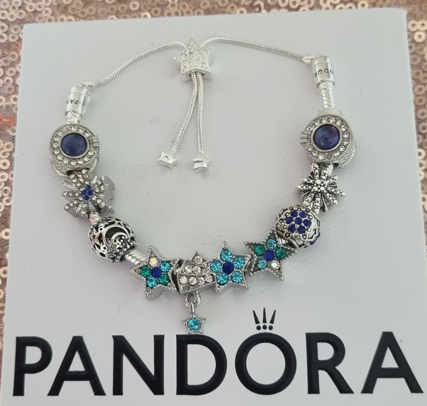 Genuine Pandora Bracelet star Clasp & Silver/Blue Charms Adjusts + Pandora Box