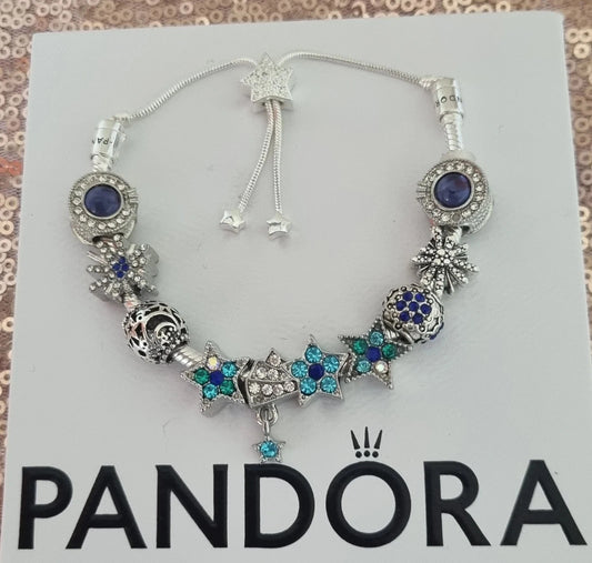 Genuine Pandora Bracelet star Clasp & Silver/Blue Charms Adjusts + Pandora Box
