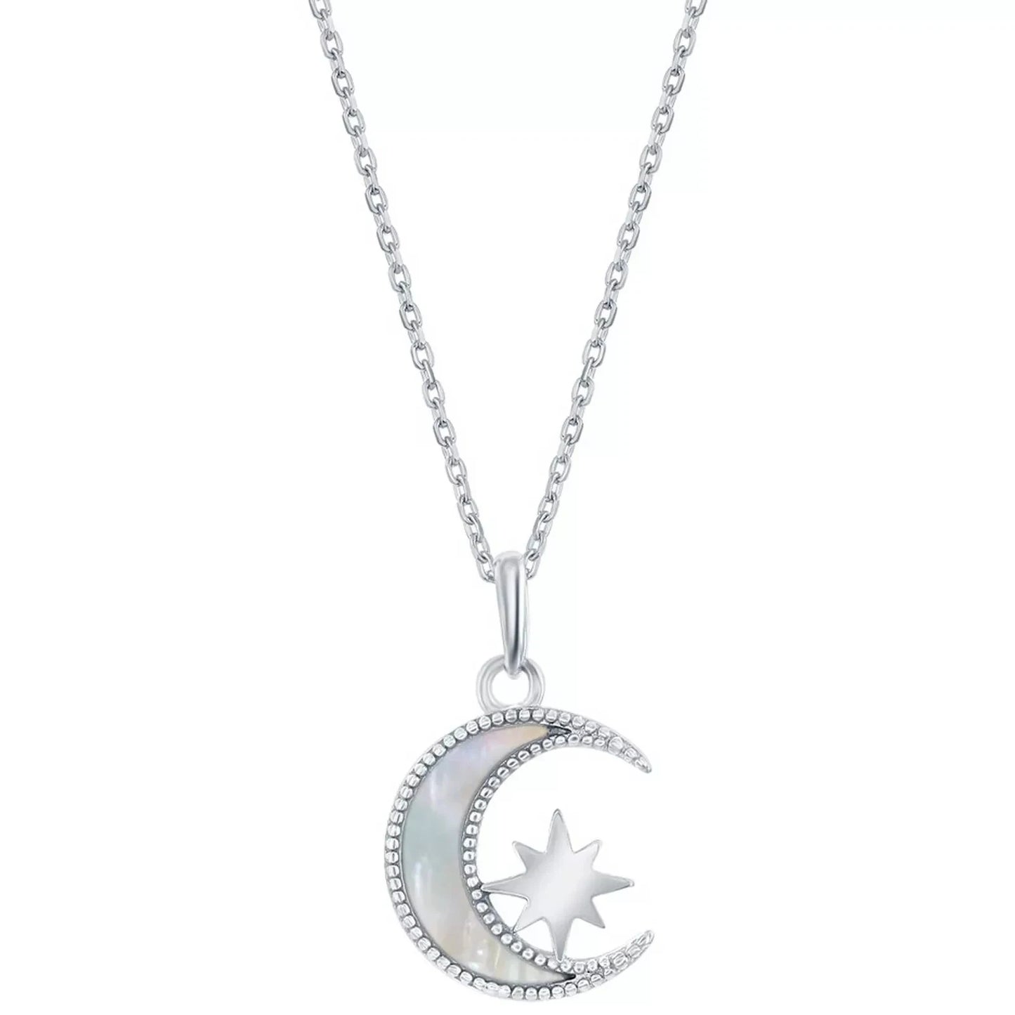 Classic Women's Necklace Sterling Silver White MOP Crescent Moon and Star M-6800