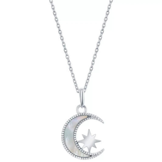Classic Women's Necklace Sterling Silver White MOP Crescent Moon and Star M-6800