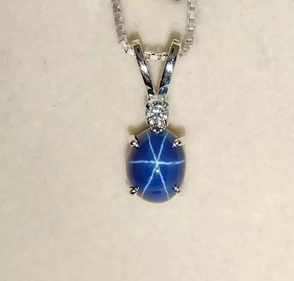 Natural Oval Cut 6 Rays Star Blue Sapphire Gemstone 925 Sterling Silver Necklace