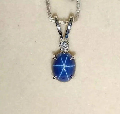Natural Oval Cut 6 Rays Star Blue Sapphire Gemstone 925 Sterling Silver Necklace