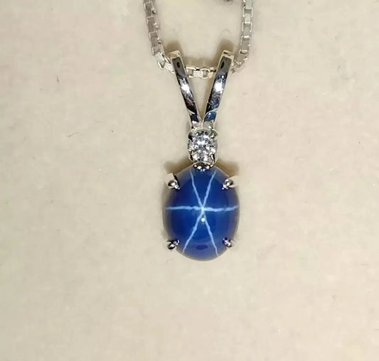 Natural Oval Cut 6 Rays Star Blue Sapphire Gemstone 925 Sterling Silver Necklace