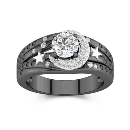 Gothic Moon Star Wedding Band Unique Moon Ring Women Round Cut Engagement Rings