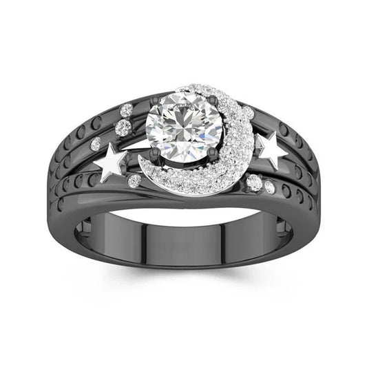Gothic Moon Star Wedding Band Unique Moon Ring Women Round Cut Engagement Rings